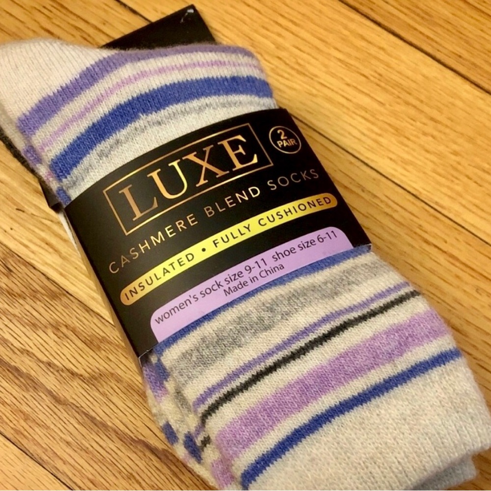 Luxe Cashmere Blend Socks - 1 pair Cream and Purple striped and 1 pair gray - Picture 4 of 4